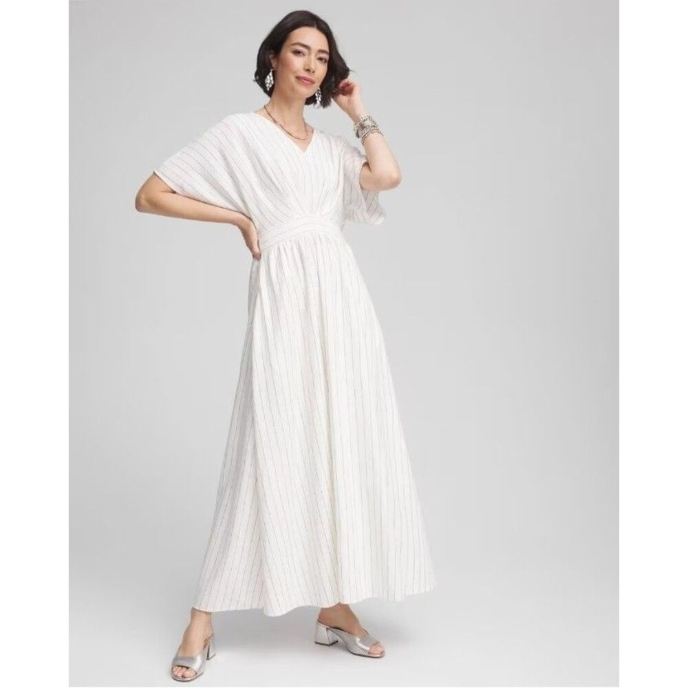 Chico's Metallic Stripe Maxi Dress Size 3 XL NWT White Silver V Neck Pockets - Picture 4 of 4